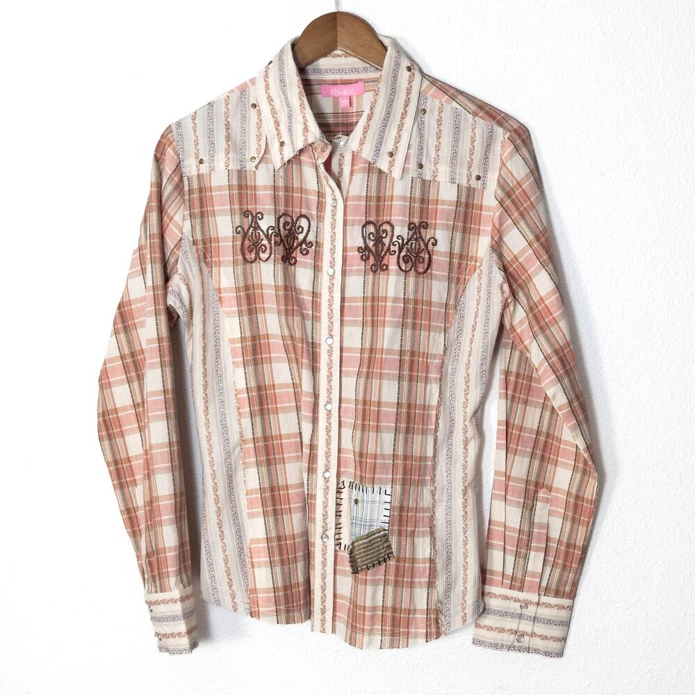 Pinky Button Up Shirt Size L Pink Plaid Embroidered Western Cowgirl